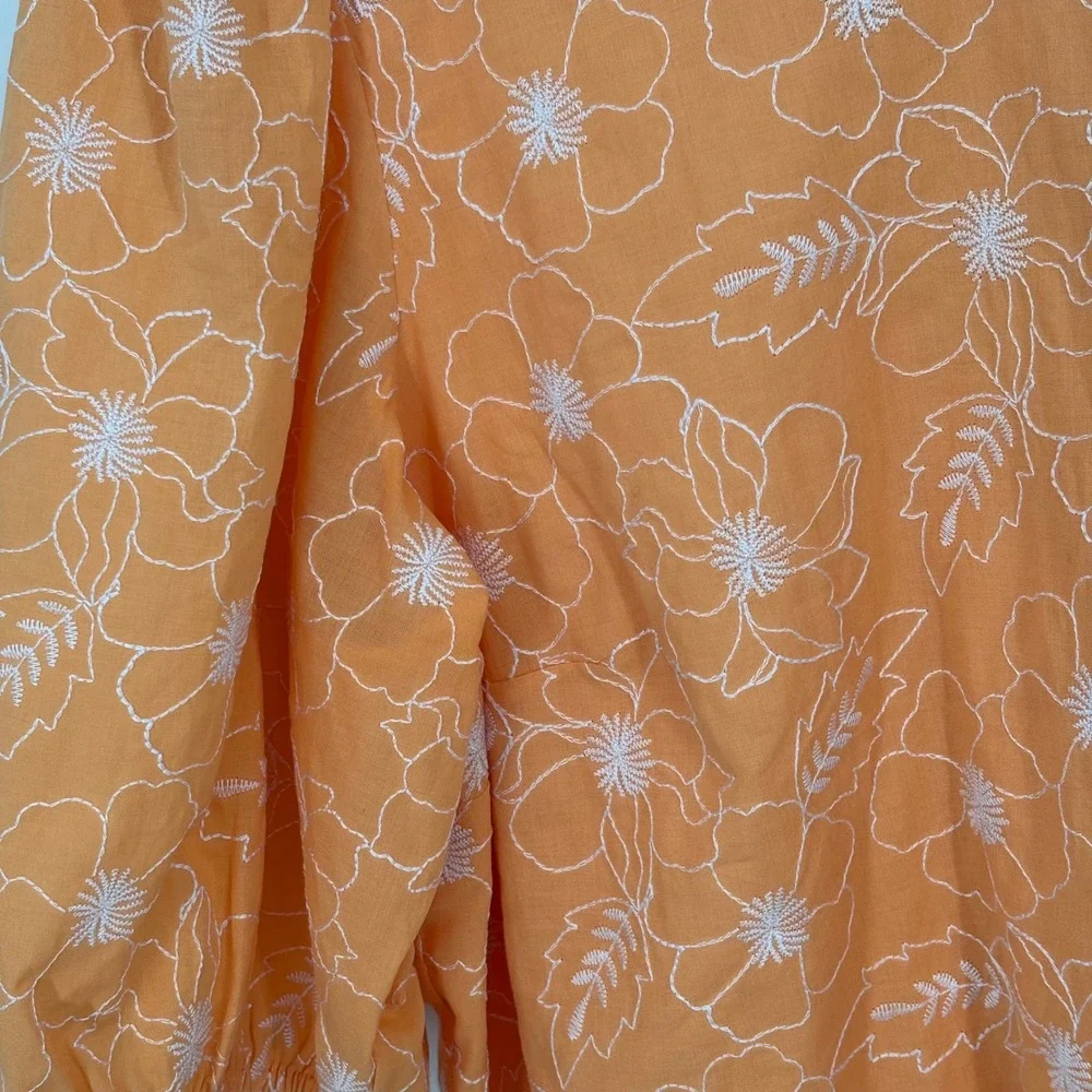 LOFT Orange Floral Embroidered Open Back‎ Puff Sleeve Top XL NWT 36722396